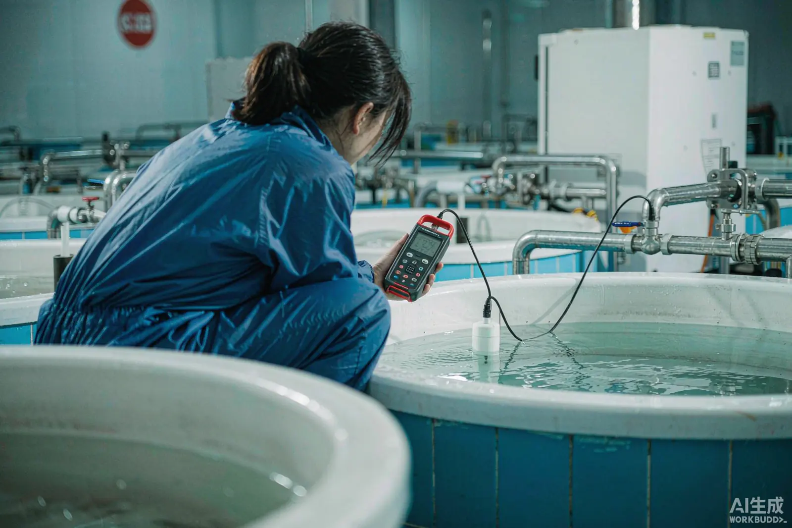 技术员在养殖池边用多参数水质检测仪检测溶解氧与 pH